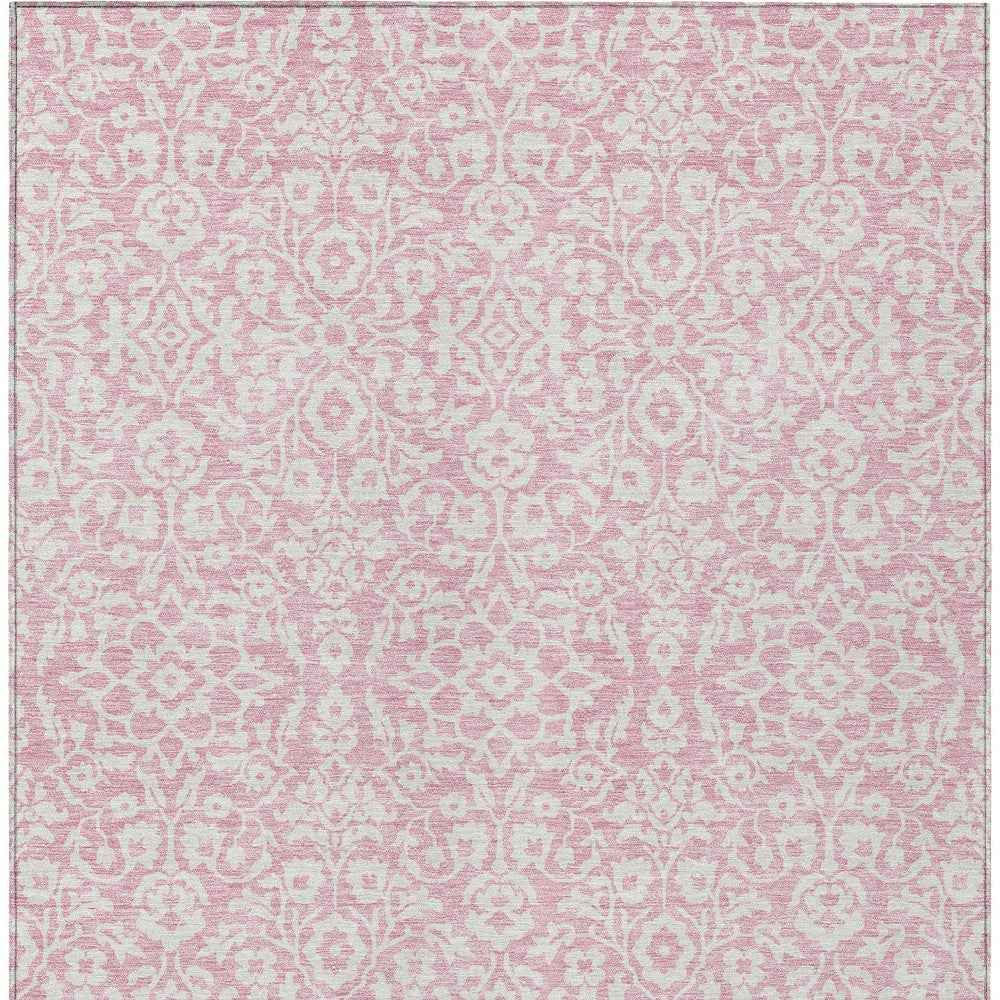 10' X 14' Pink And Ivory Damask Washable Indoor Outdoor Area Rug