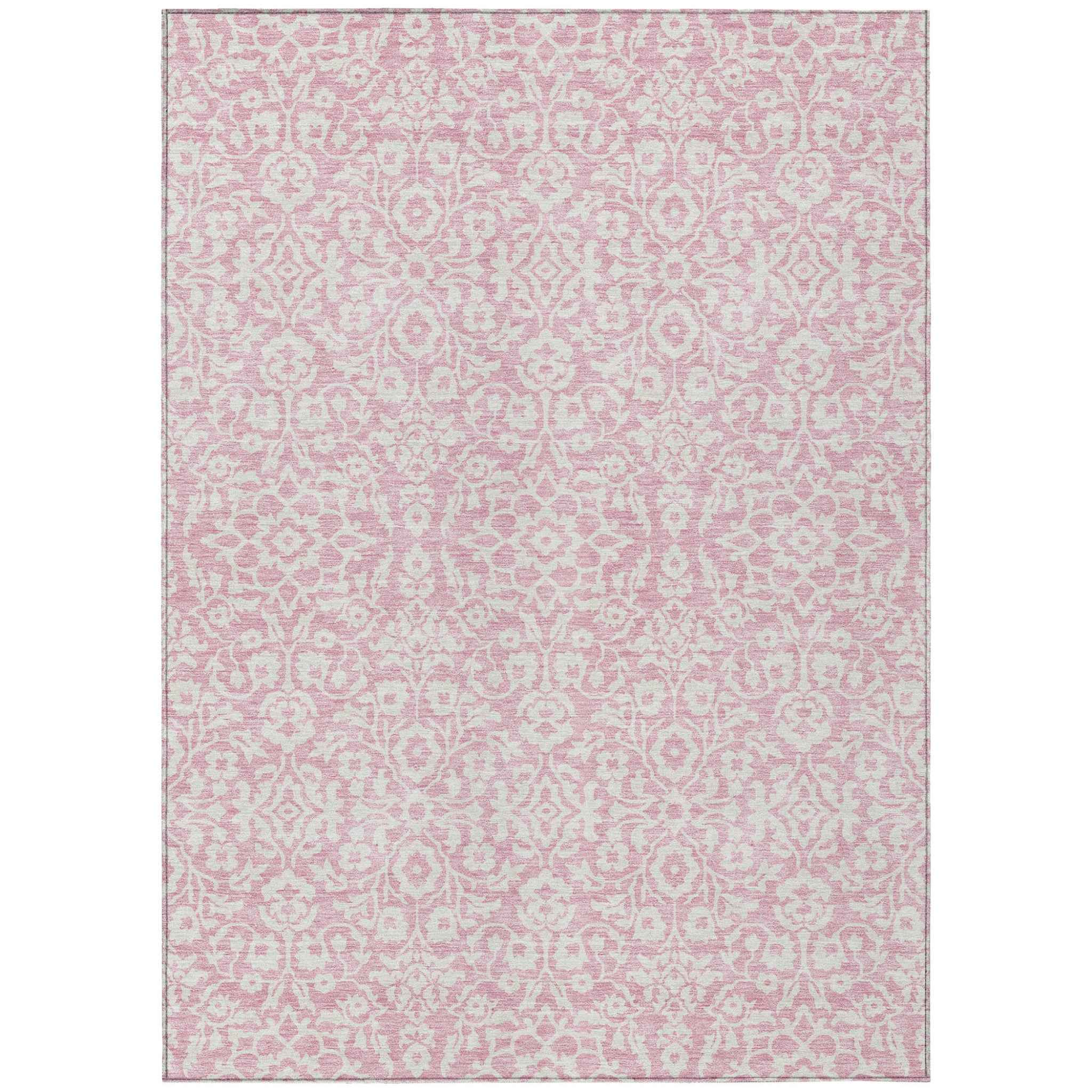 10' X 14' Pink And Ivory Damask Washable Indoor Outdoor Area Rug