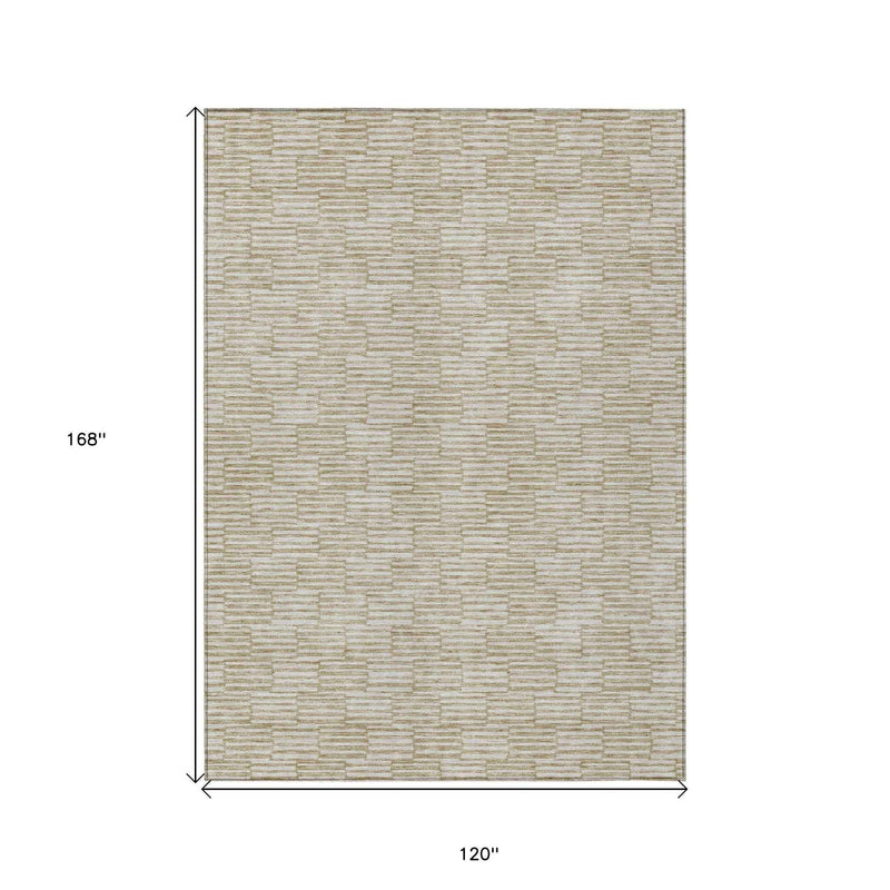 10' X 14' Beige And Ivory Geometric Washable Indoor Outdoor Area Rug