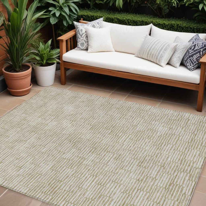 10' X 14' Beige And Ivory Geometric Washable Indoor Outdoor Area Rug