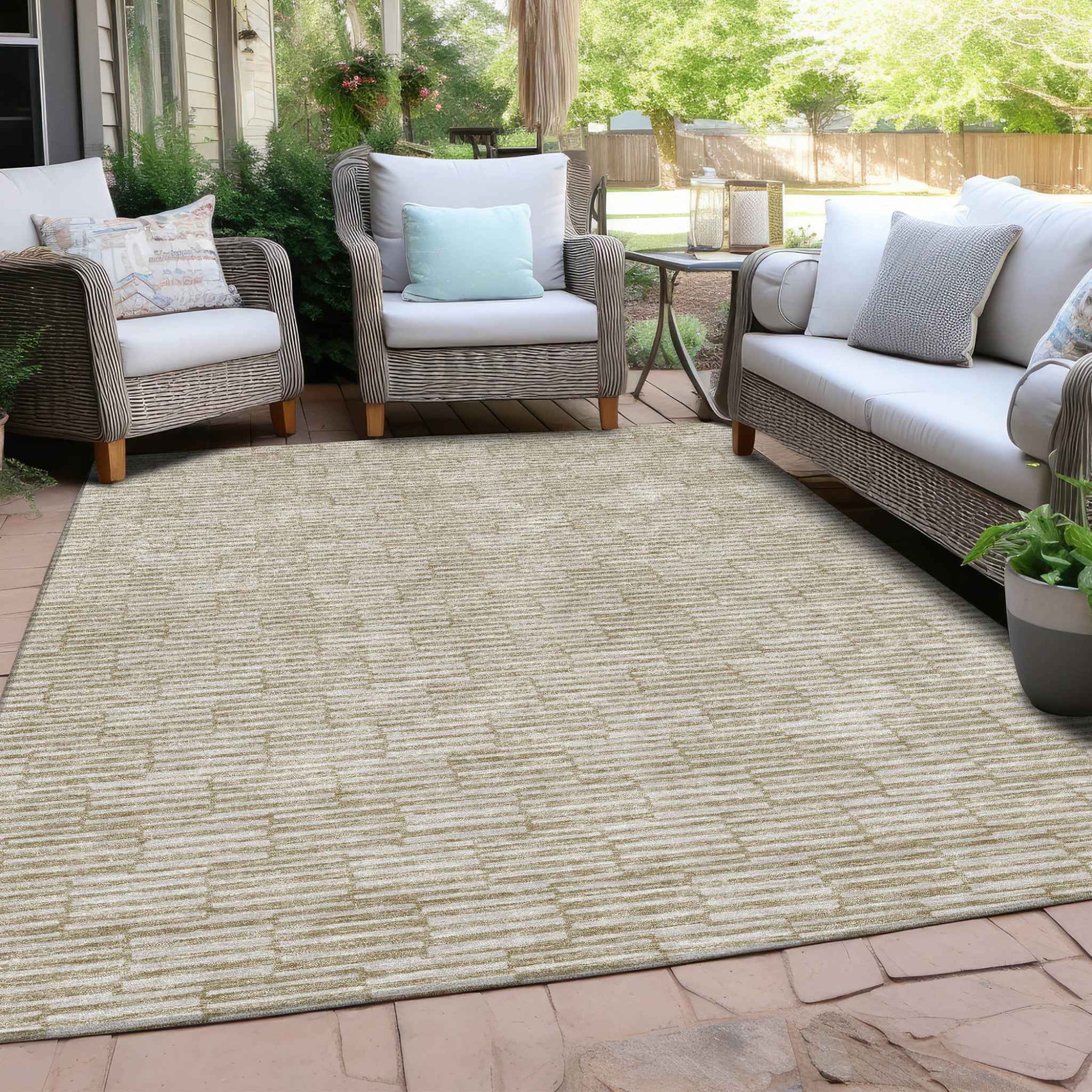 10' X 14' Beige And Ivory Geometric Washable Indoor Outdoor Area Rug