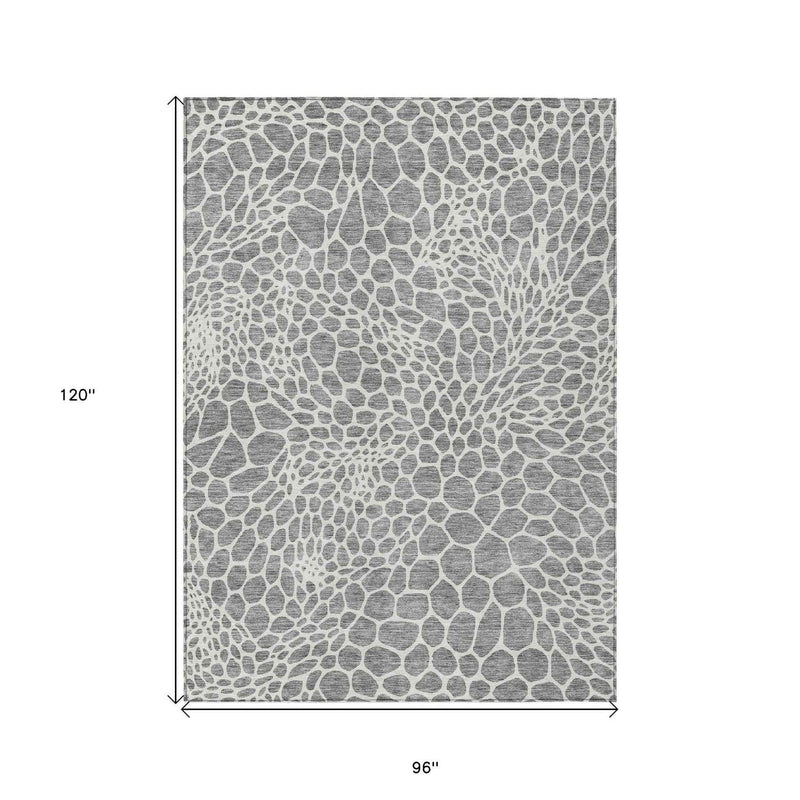 8' X 10' Gray And Ivory Geometric Washable Indoor Outdoor Area Rug