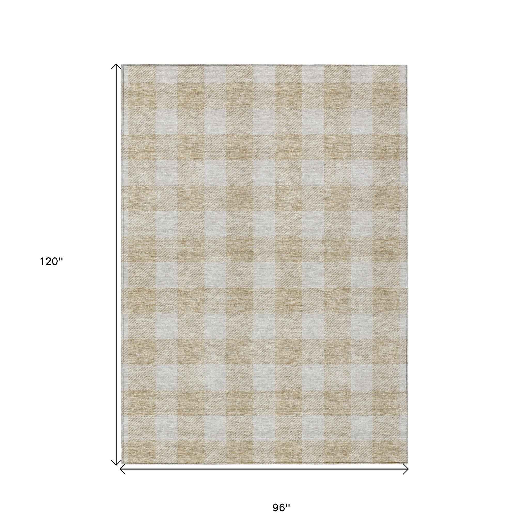 8' X 10' Beige And Gray Plaid Washable Indoor Outdoor Area Rug
