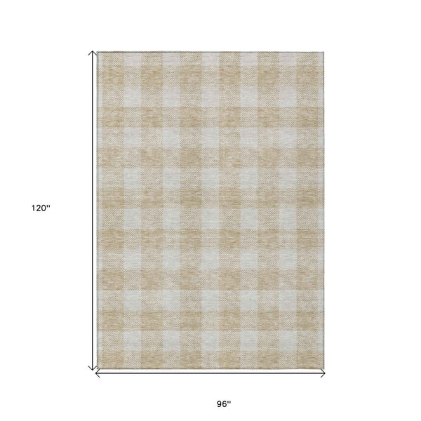8' X 10' Beige And Gray Plaid Washable Indoor Outdoor Area Rug
