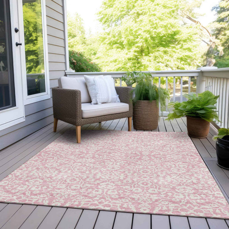 3' X 5' Pink And Ivory Damask Washable Indoor Outdoor Area Rug