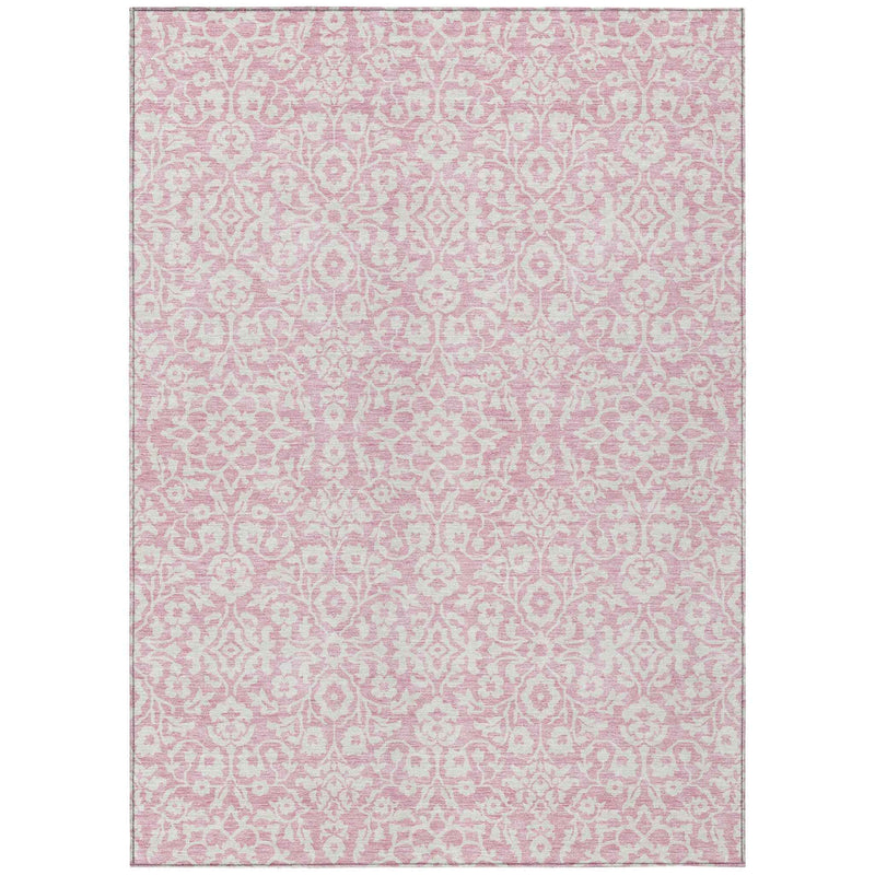 3' X 5' Pink And Ivory Damask Washable Indoor Outdoor Area Rug