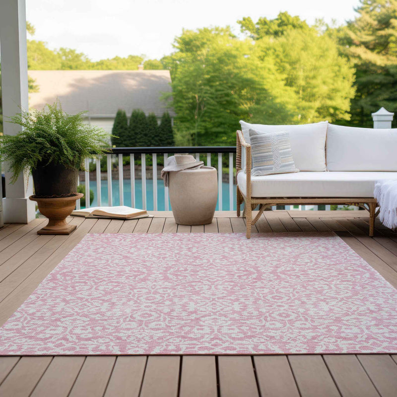 3' X 5' Pink And Ivory Damask Washable Indoor Outdoor Area Rug