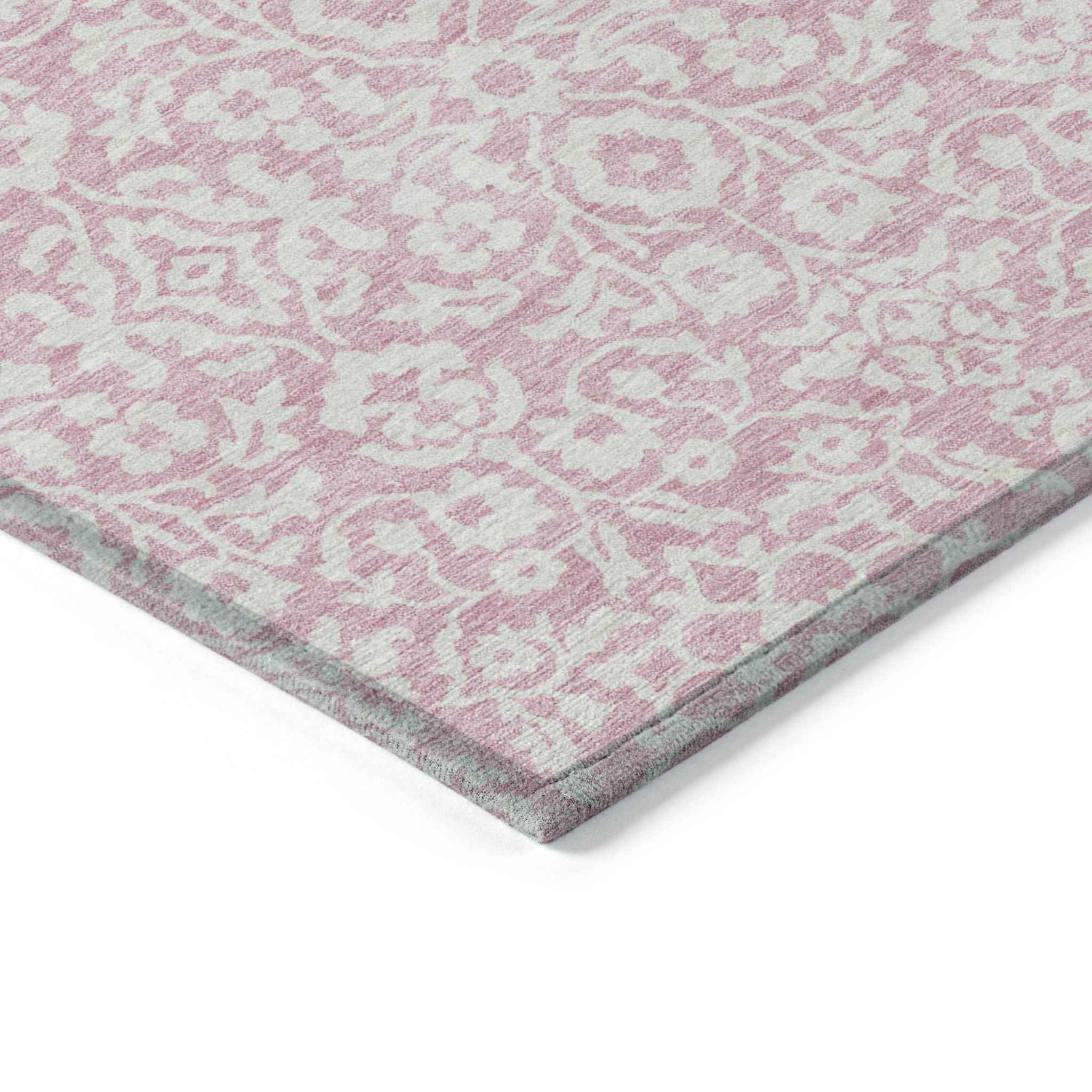 3' X 5' Pink And Ivory Damask Washable Indoor Outdoor Area Rug