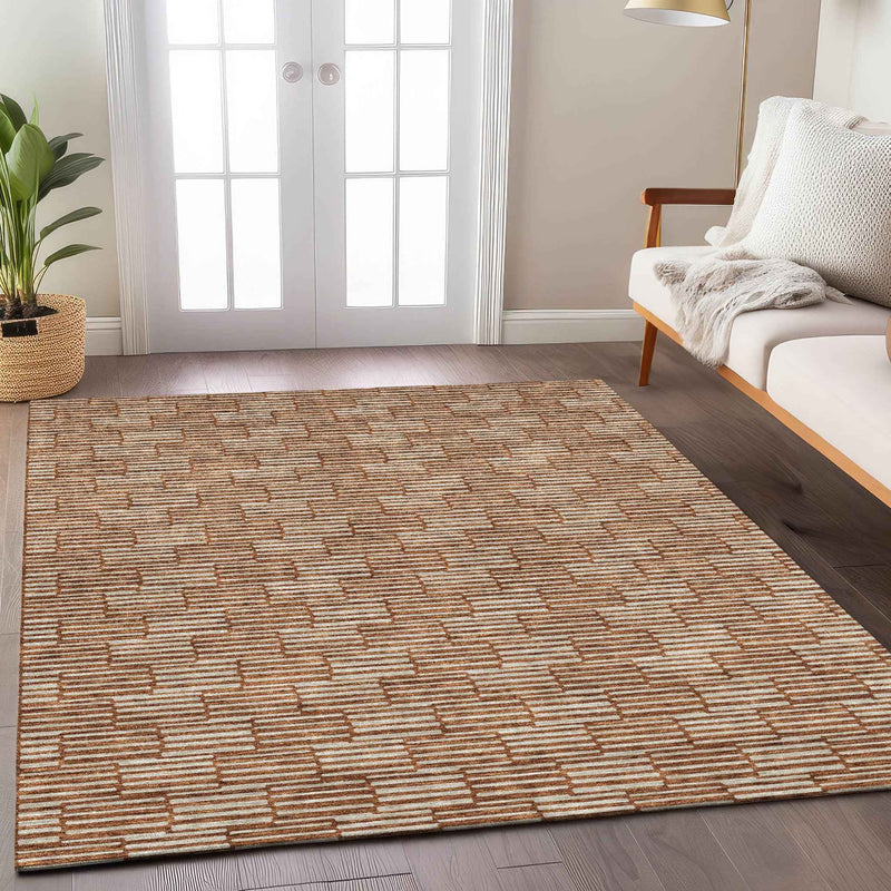 3' X 5' Copper And Beige Geometric Washable Indoor Outdoor Area Rug