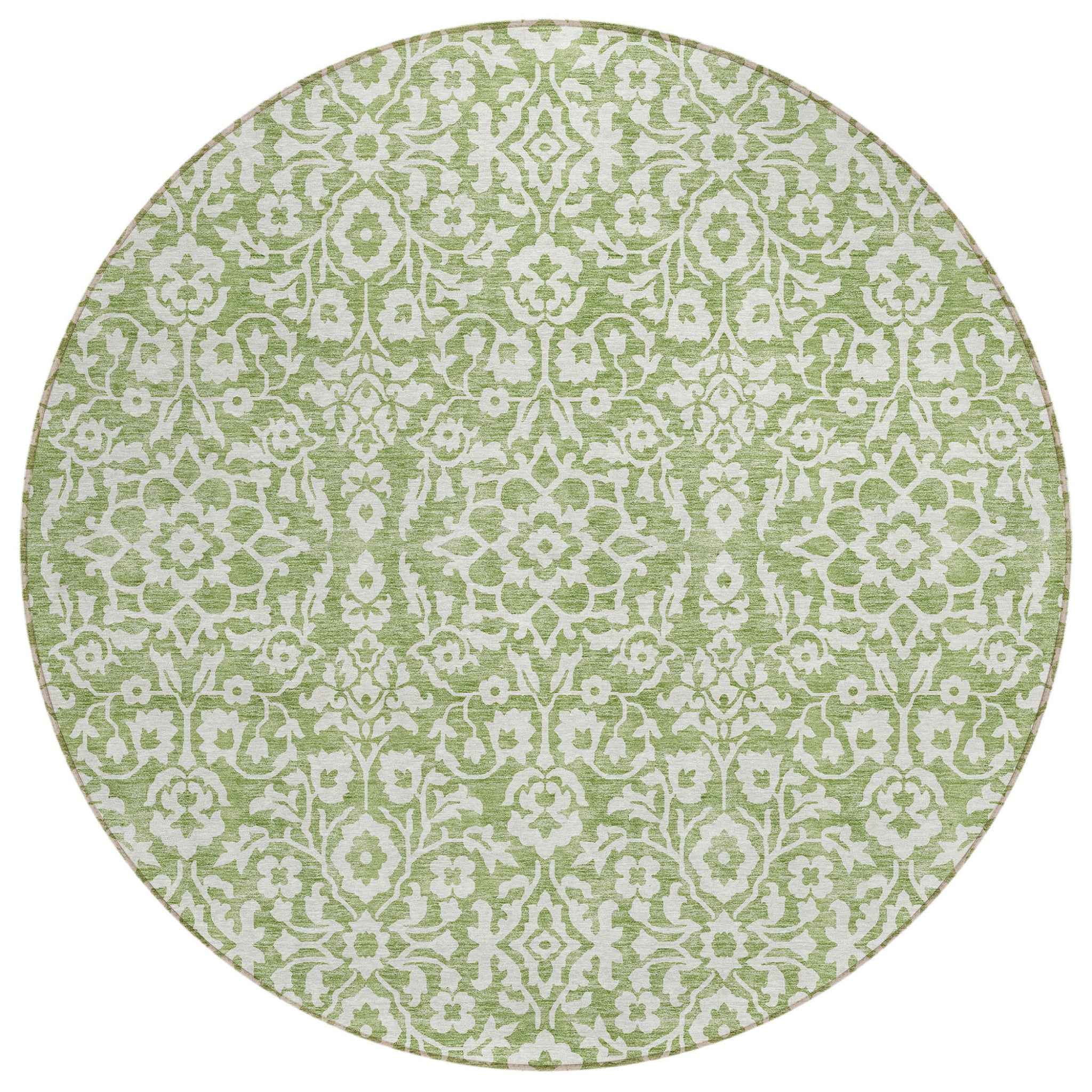 8' Green And Ivory Round Damask Washable Indoor Outdoor Area Rug