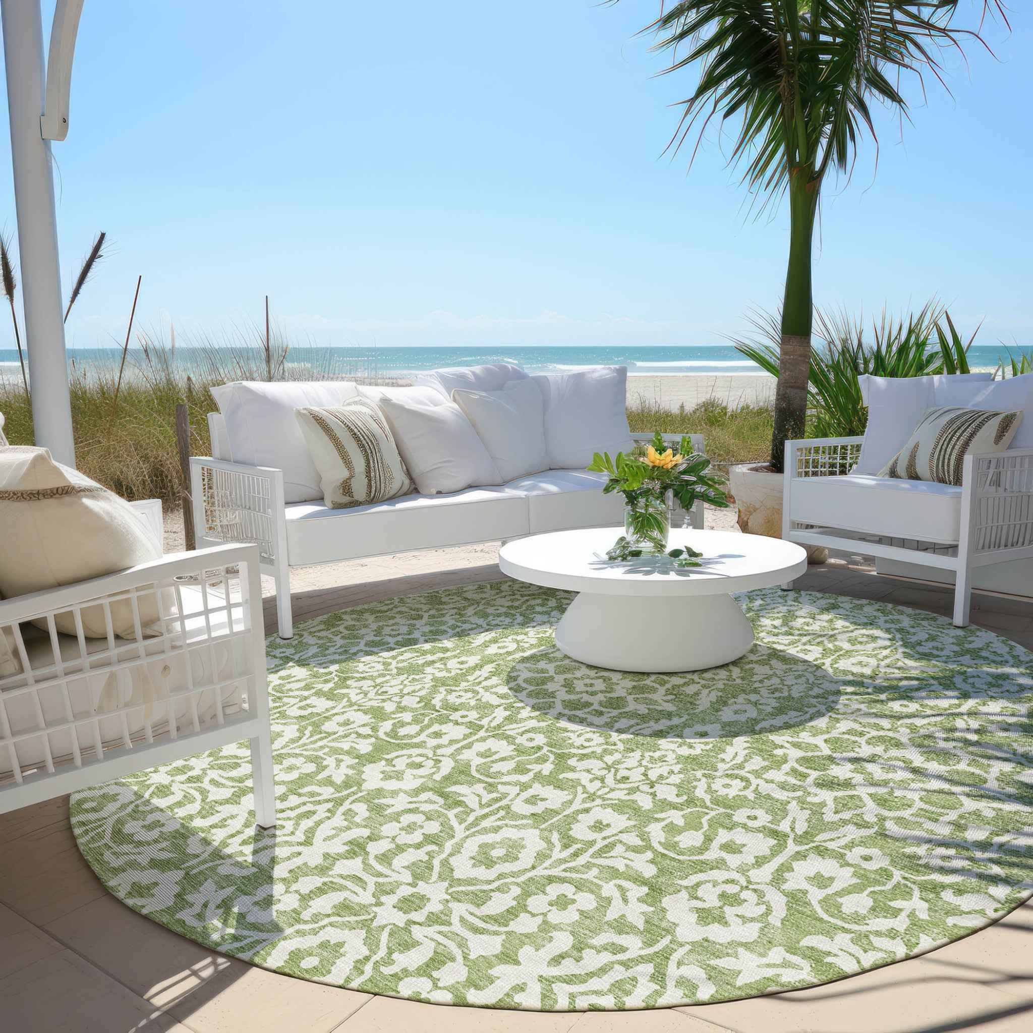 8' Green And Ivory Round Damask Washable Indoor Outdoor Area Rug