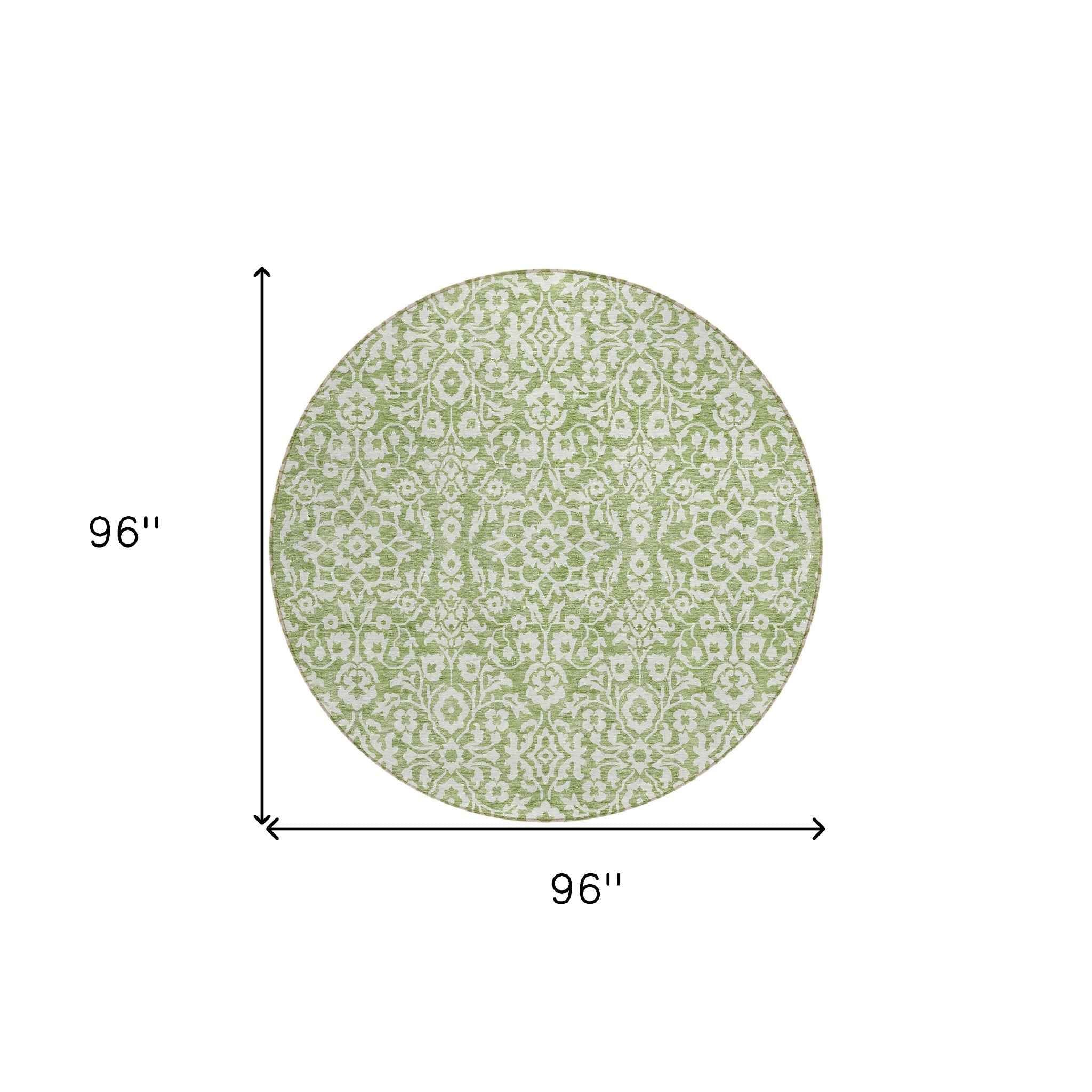 8' Green And Ivory Round Damask Washable Indoor Outdoor Area Rug