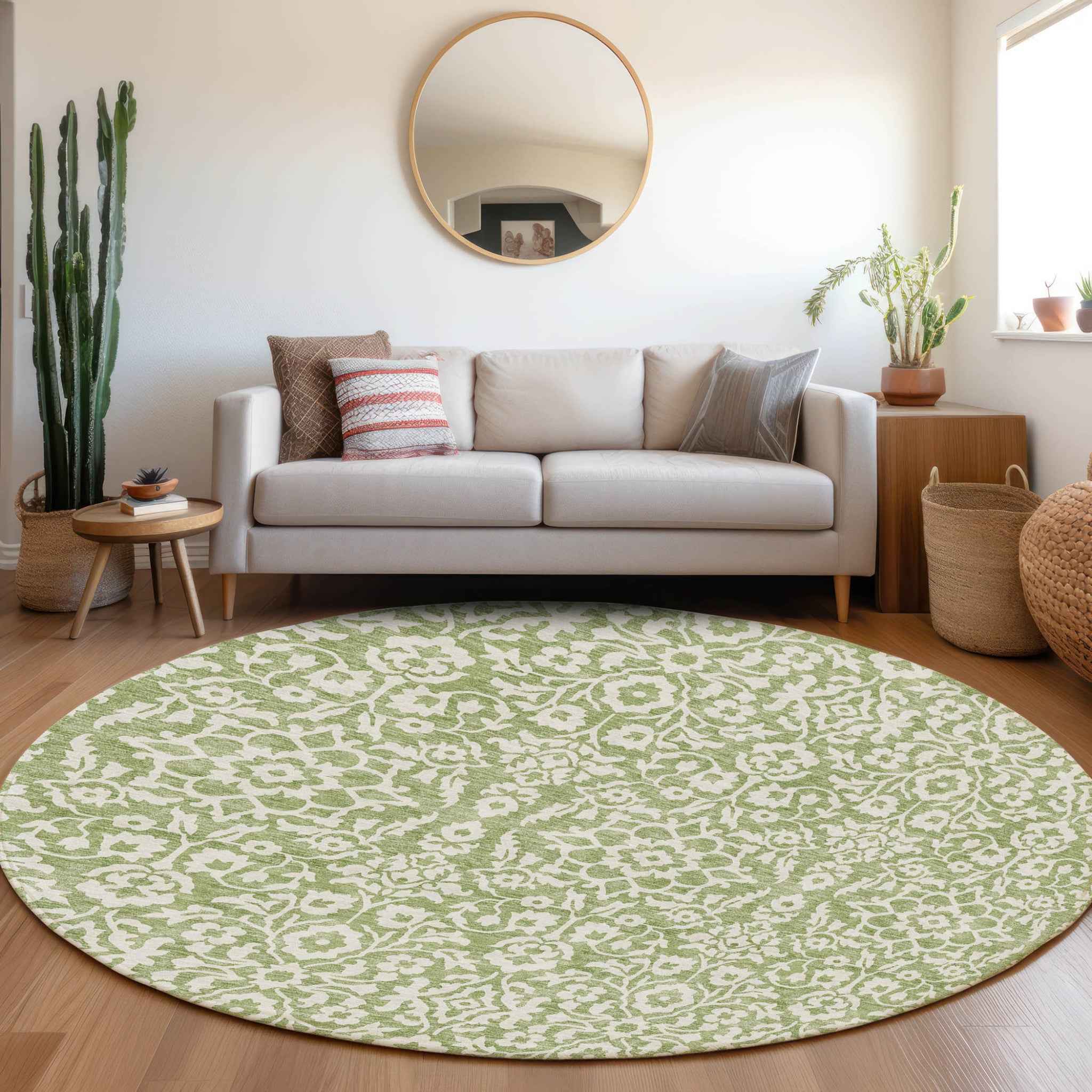 8' Green And Ivory Round Damask Washable Indoor Outdoor Area Rug