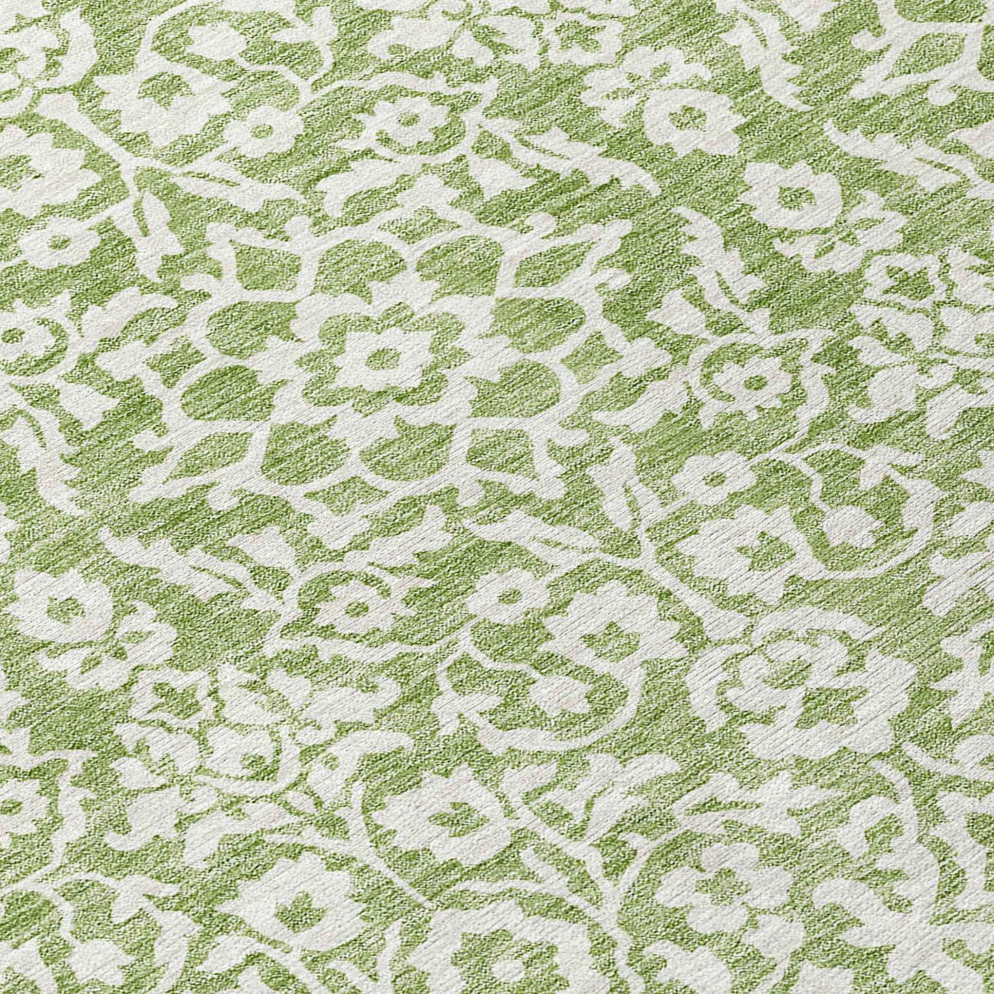 8' Green And Ivory Round Damask Washable Indoor Outdoor Area Rug