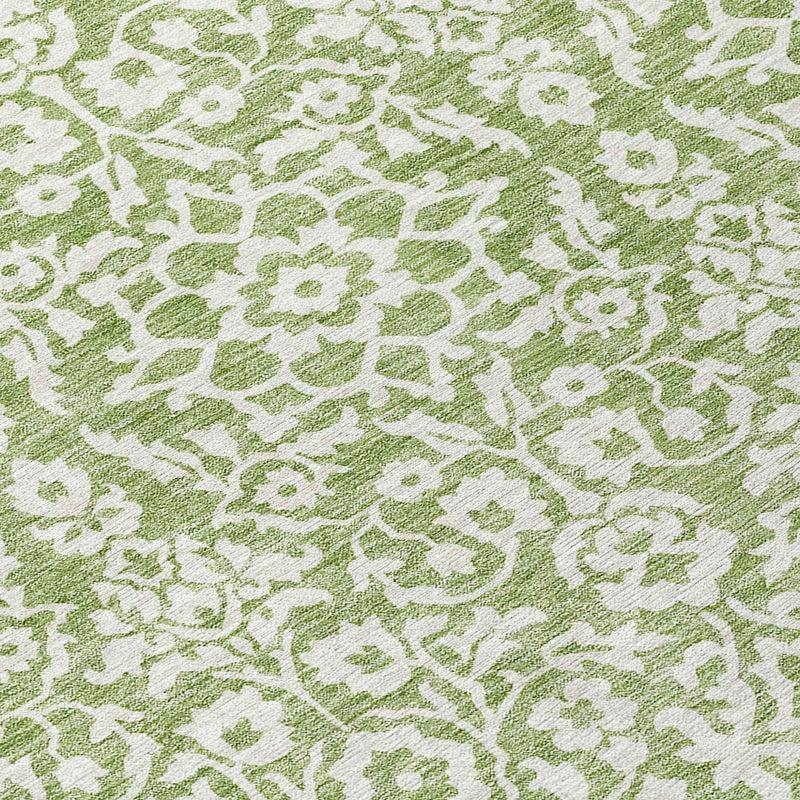 8' Green And Ivory Round Damask Washable Indoor Outdoor Area Rug