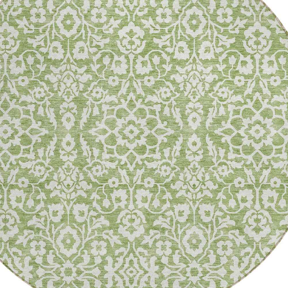 8' Green And Ivory Round Damask Washable Indoor Outdoor Area Rug