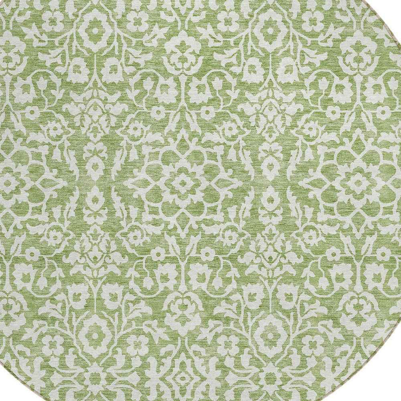 8' Green And Ivory Round Damask Washable Indoor Outdoor Area Rug