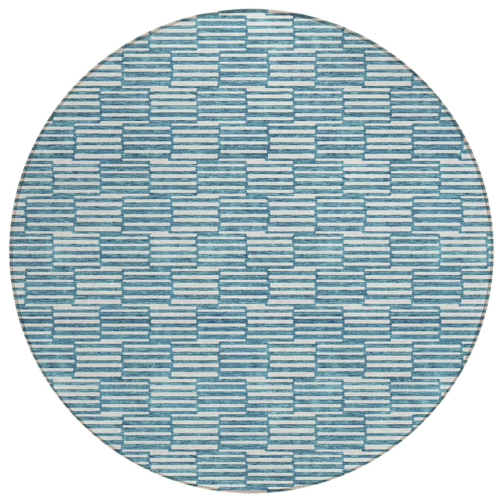 8' Teal Blue And Ivory Round Geometric Washable Indoor Outdoor Area Rug