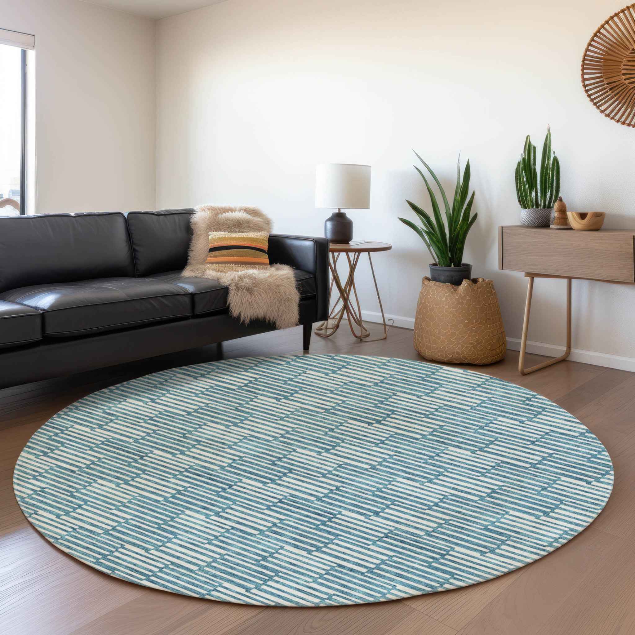 8' Teal Blue And Ivory Round Geometric Washable Indoor Outdoor Area Rug