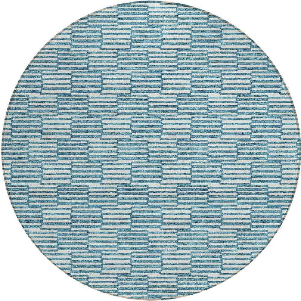 8' Teal Blue And Ivory Round Geometric Washable Indoor Outdoor Area Rug