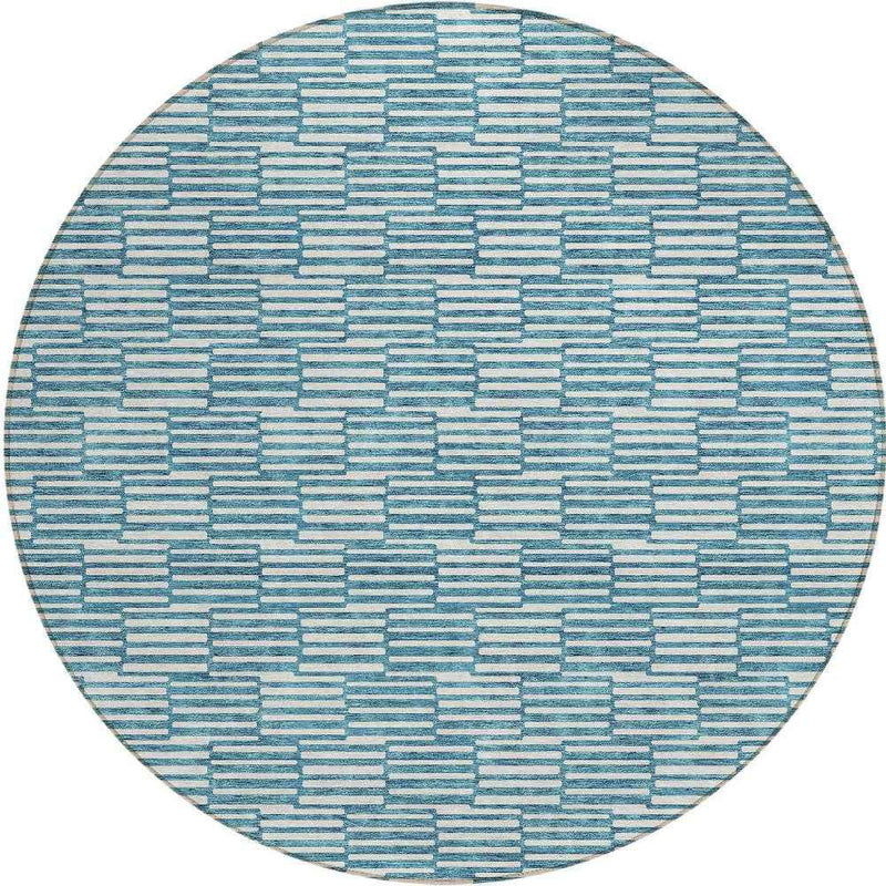 8' Teal Blue And Ivory Round Geometric Washable Indoor Outdoor Area Rug