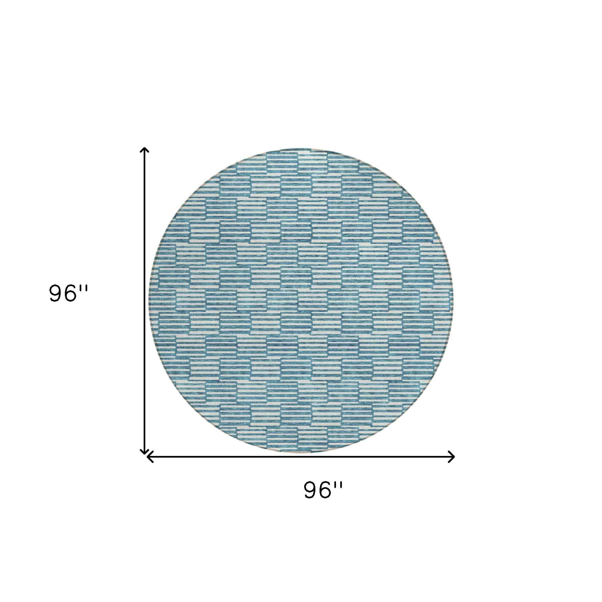 8' Teal Blue And Ivory Round Geometric Washable Indoor Outdoor Area Rug