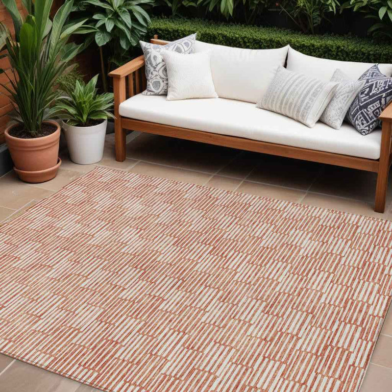 10' X 14' Salmon And Ivory Geometric Washable Indoor Outdoor Area Rug
