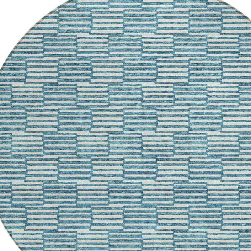 8' Teal Blue And Ivory Round Geometric Washable Indoor Outdoor Area Rug