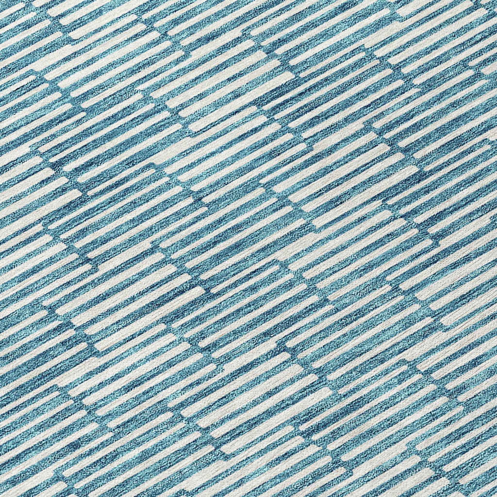 8' Teal Blue And Ivory Round Geometric Washable Indoor Outdoor Area Rug