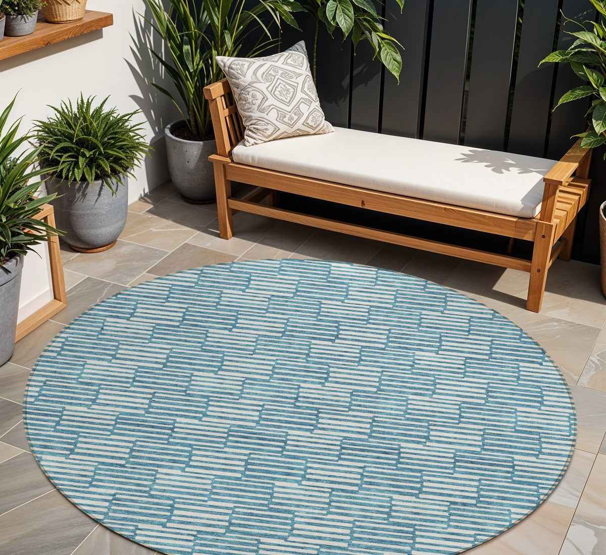 8' Teal Blue And Ivory Round Geometric Washable Indoor Outdoor Area Rug