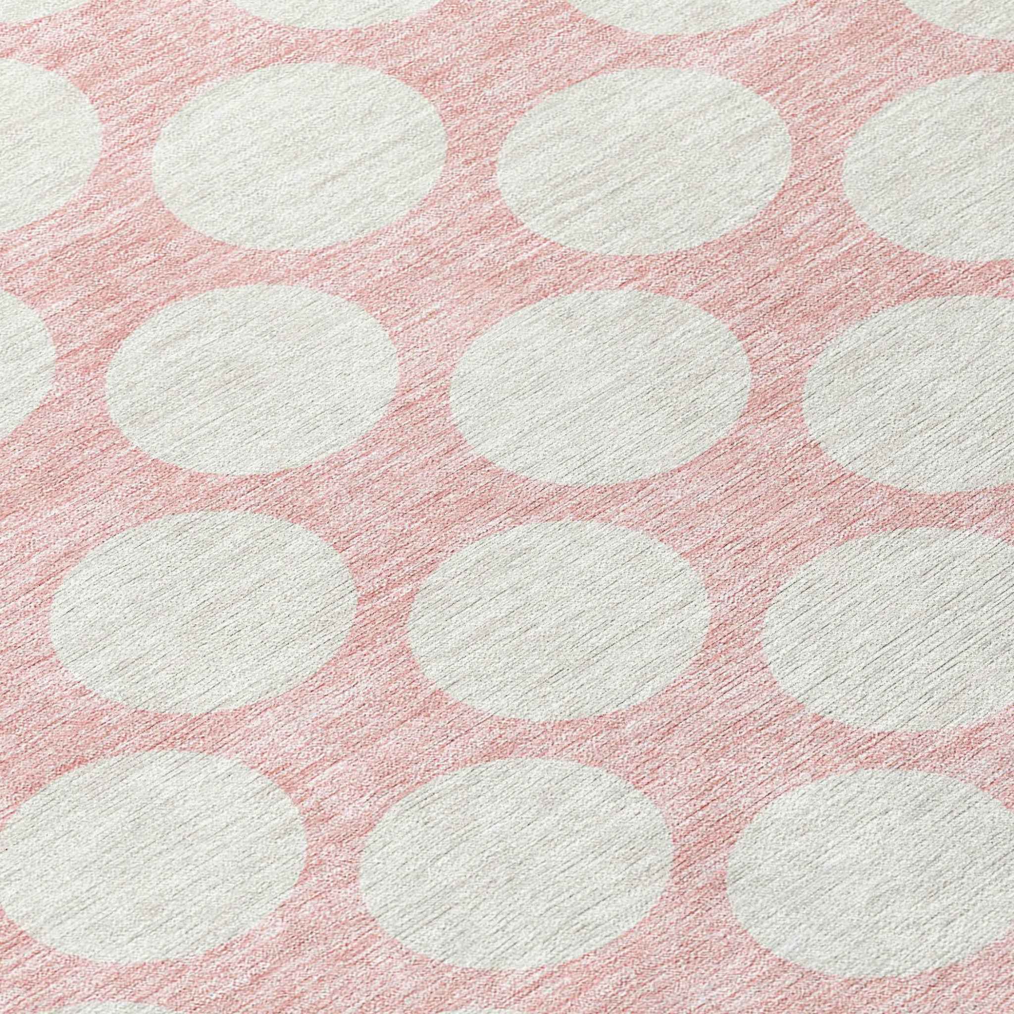 8' Pink And Gray Round Polka Dot Washable Indoor Outdoor Area Rug