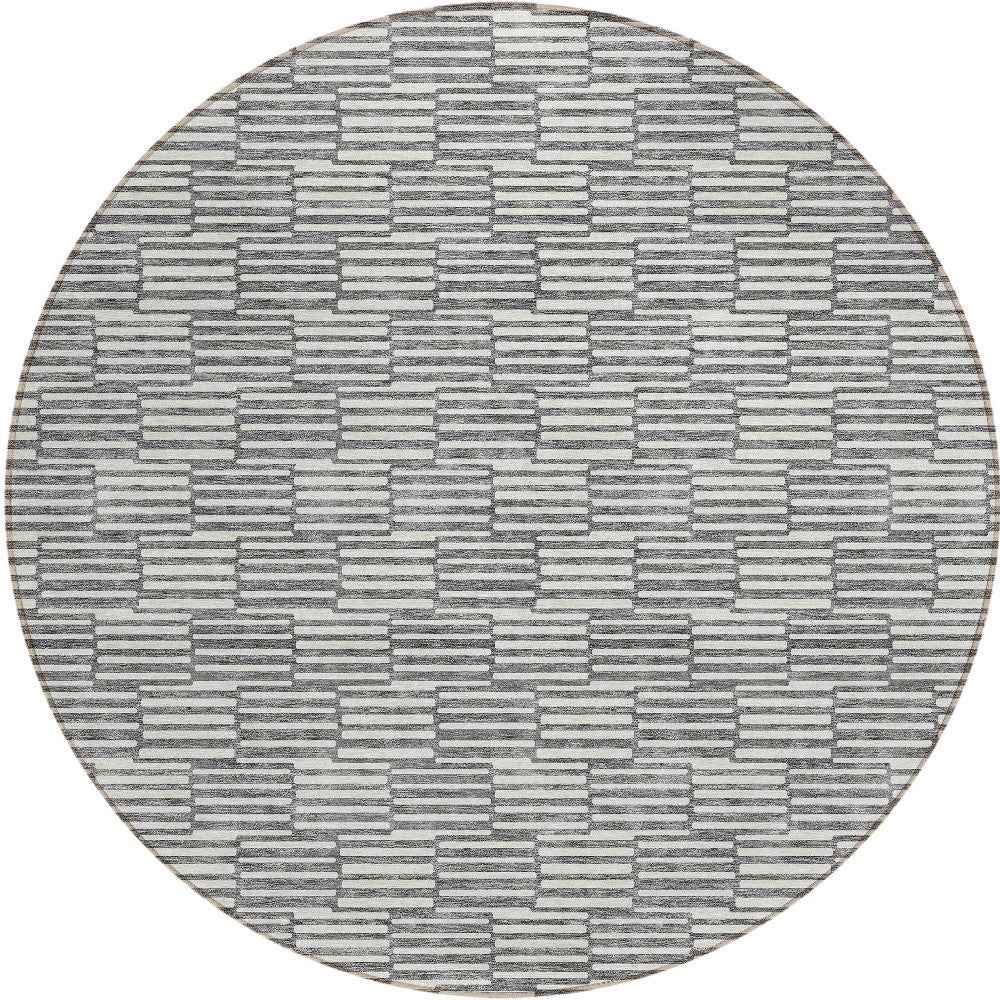 8' Gray And Ivory Round Geometric Washable Indoor Outdoor Area Rug
