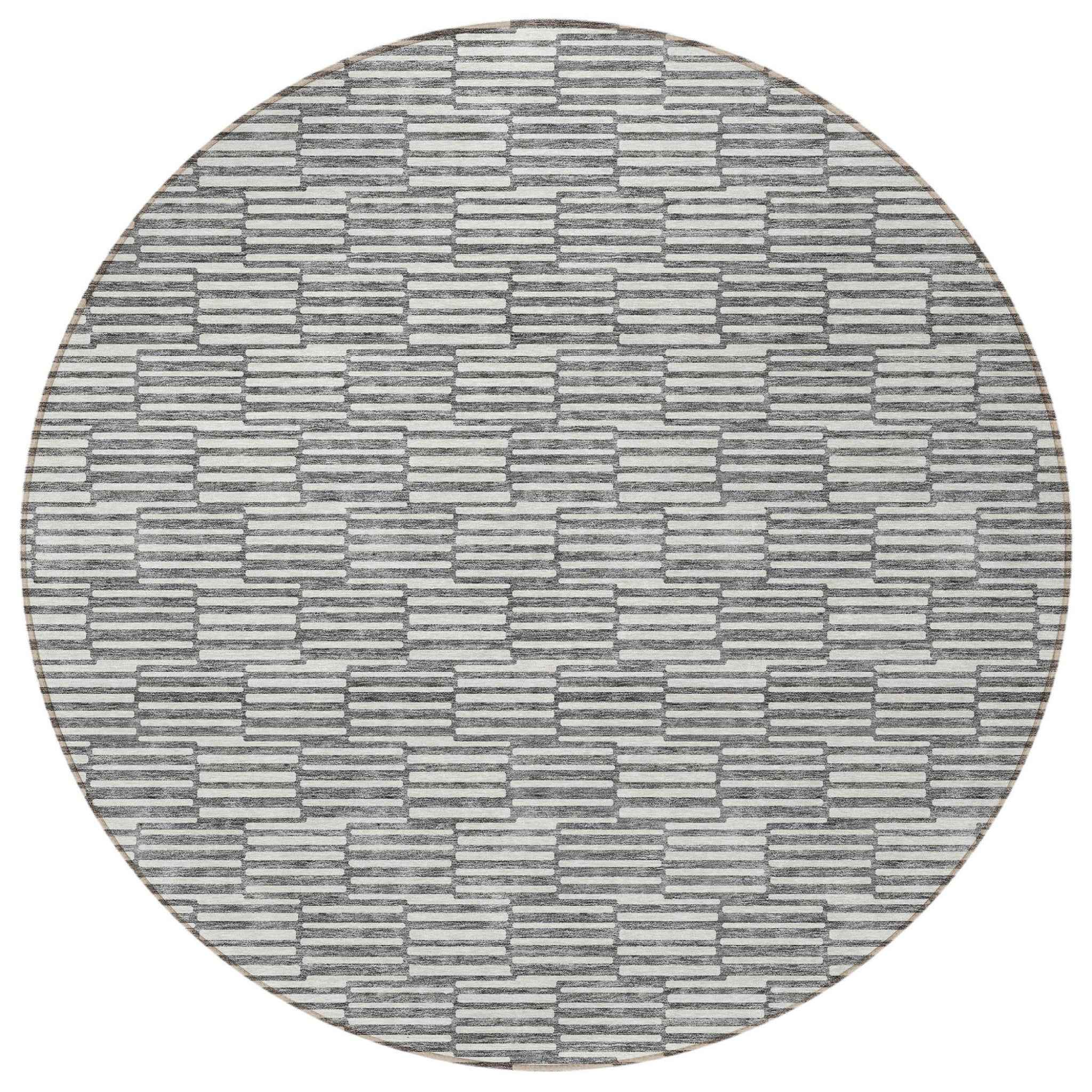 8' Gray And Ivory Round Geometric Washable Indoor Outdoor Area Rug