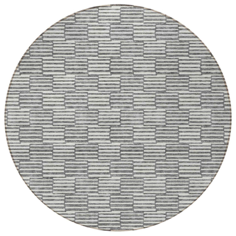 8' Gray And Ivory Round Geometric Washable Indoor Outdoor Area Rug