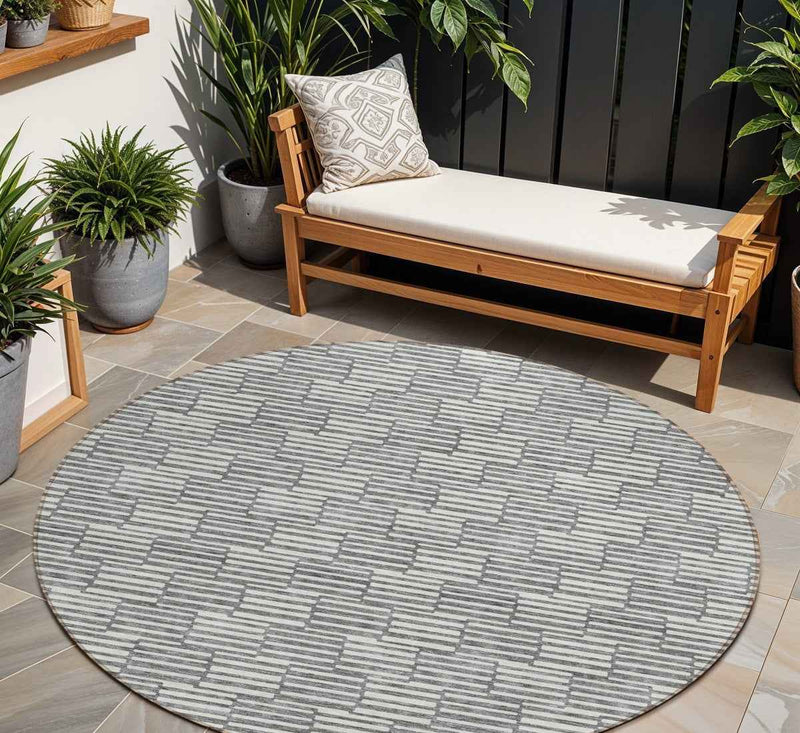 8' Gray And Ivory Round Geometric Washable Indoor Outdoor Area Rug