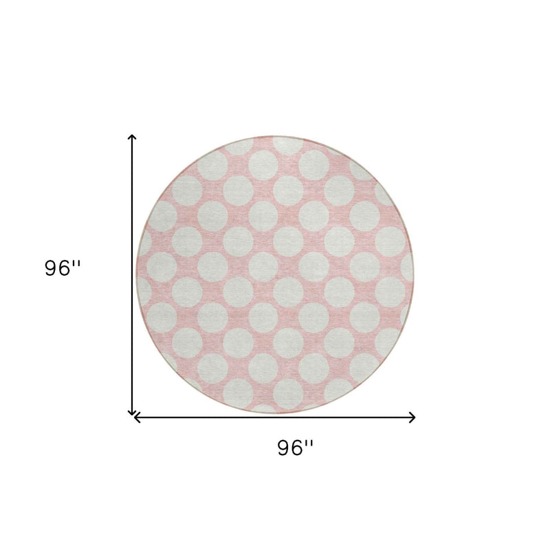 8' Pink And Gray Round Polka Dot Washable Indoor Outdoor Area Rug