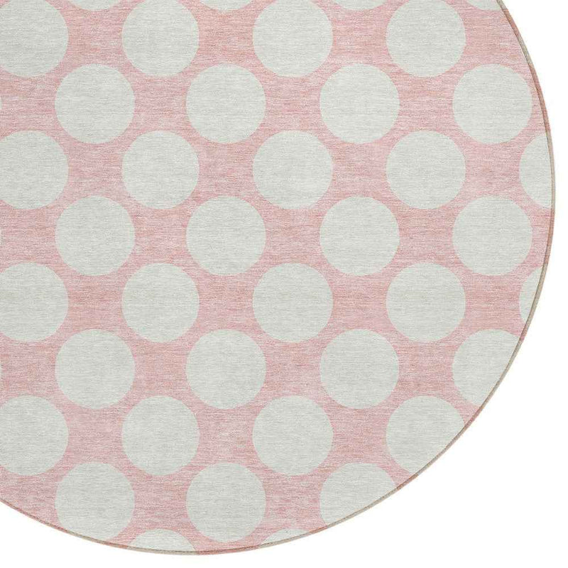 8' Pink And Gray Round Polka Dot Washable Indoor Outdoor Area Rug