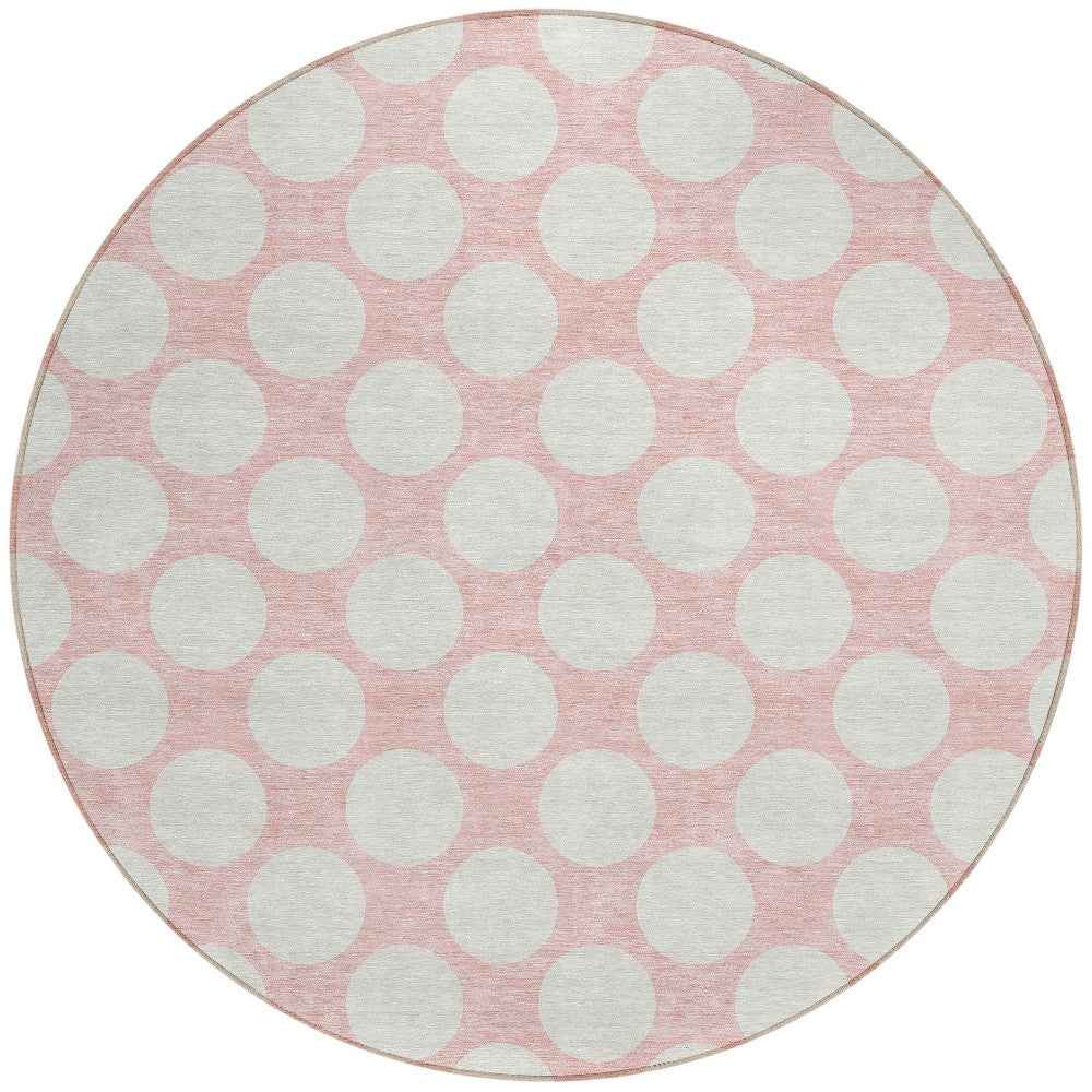 8' Pink And Gray Round Polka Dot Washable Indoor Outdoor Area Rug