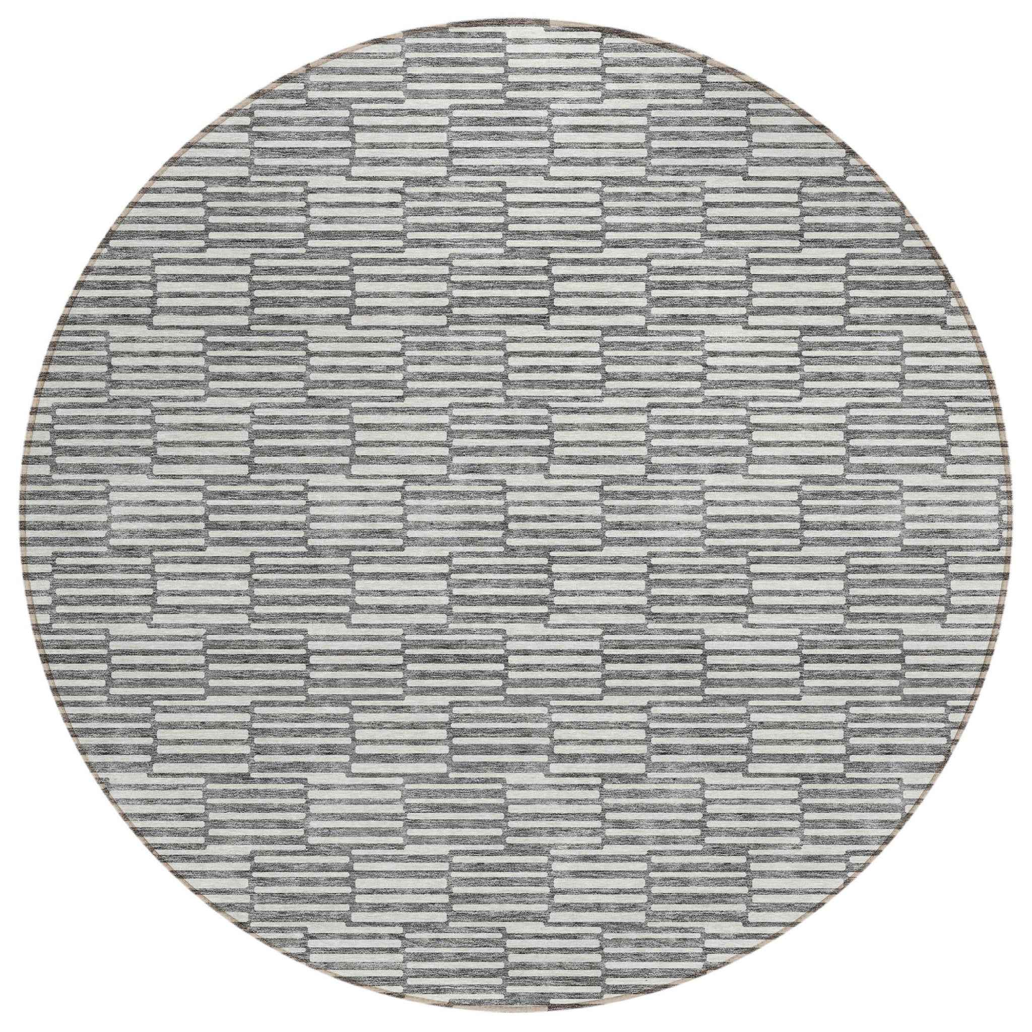 8' Gray And Ivory Round Geometric Washable Indoor Outdoor Area Rug