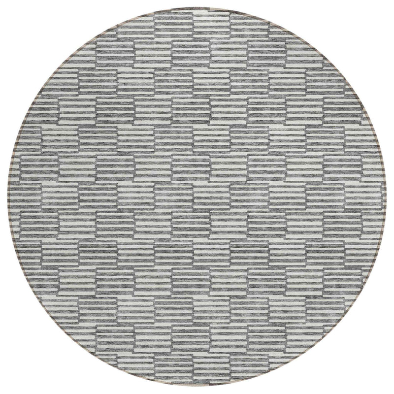 8' Gray And Ivory Round Geometric Washable Indoor Outdoor Area Rug