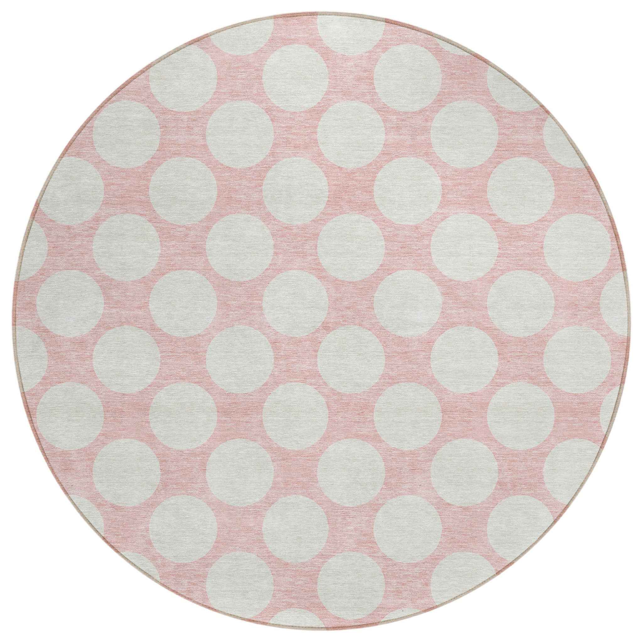 8' Pink And Gray Round Polka Dot Washable Indoor Outdoor Area Rug
