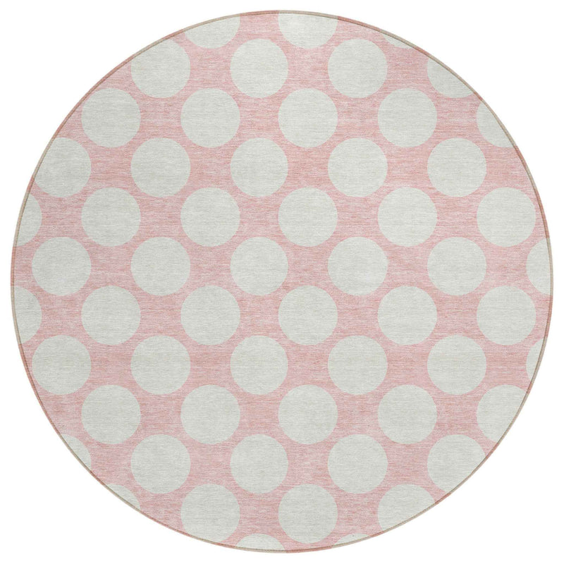 8' Pink And Gray Round Polka Dot Washable Indoor Outdoor Area Rug