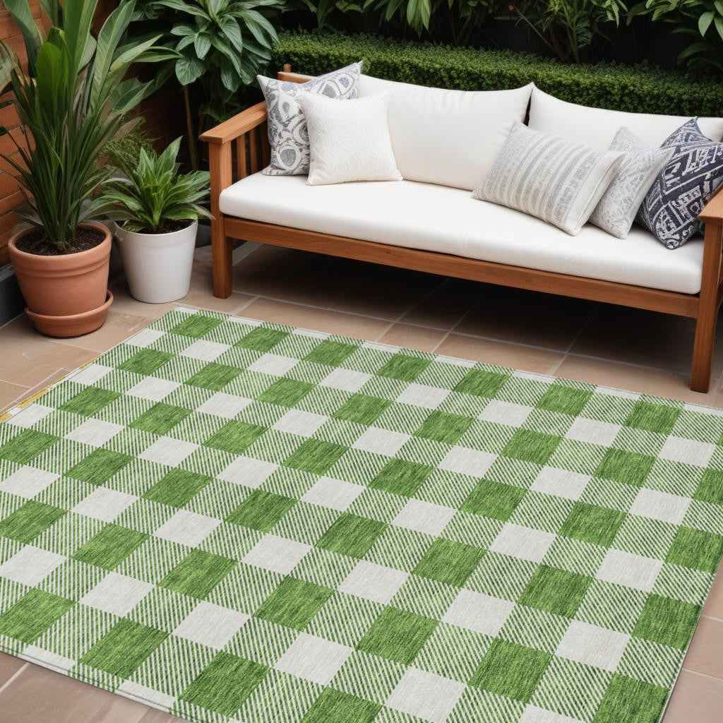 8' X 10' Green And Gray Plaid Washable Indoor Outdoor Area Rug
