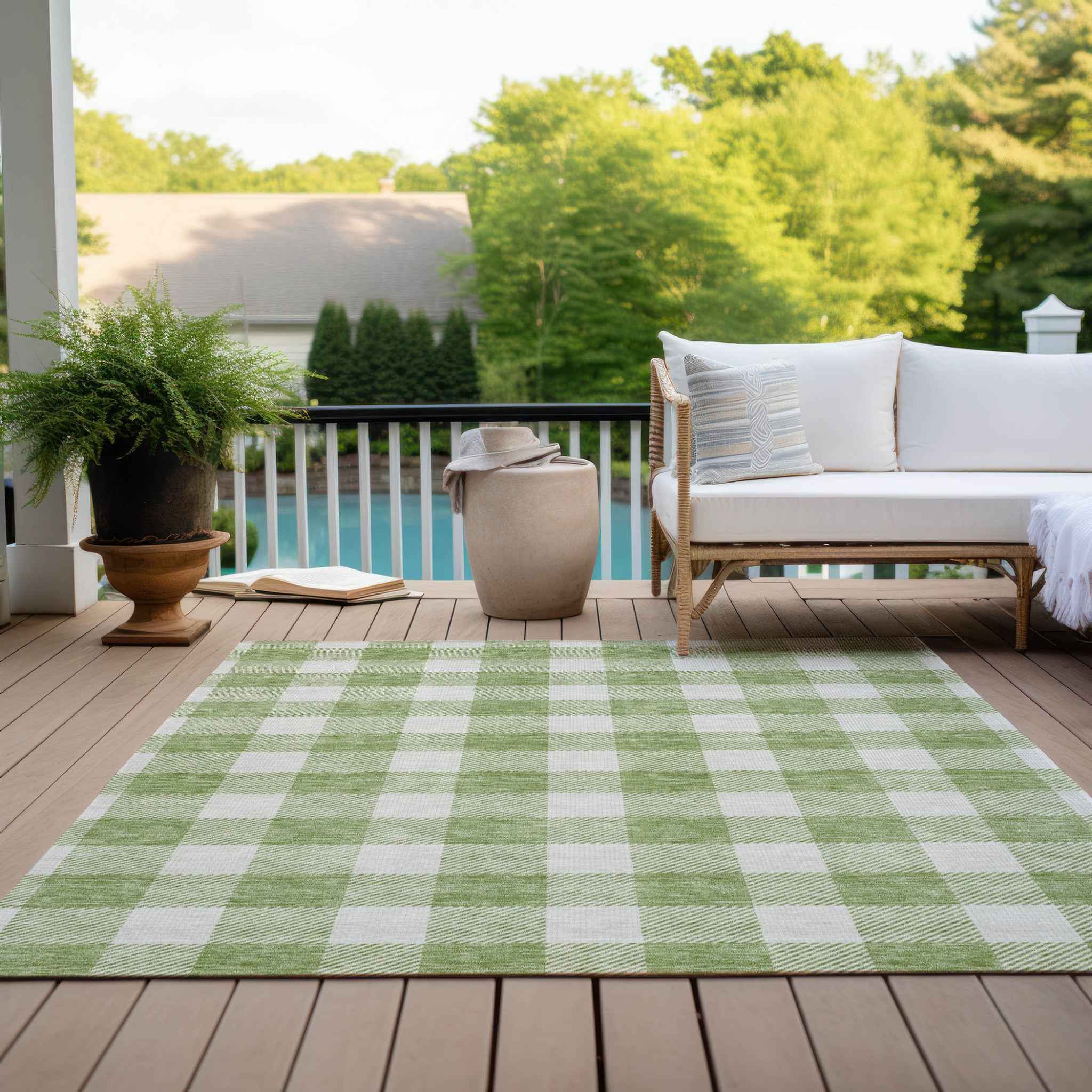 3' X 5' Artichoke Green And Gray Plaid Washable Indoor Outdoor Area Rug