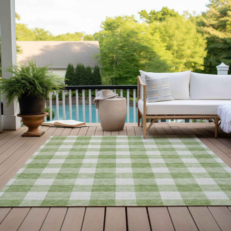3' X 5' Artichoke Green And Gray Plaid Washable Indoor Outdoor Area Rug