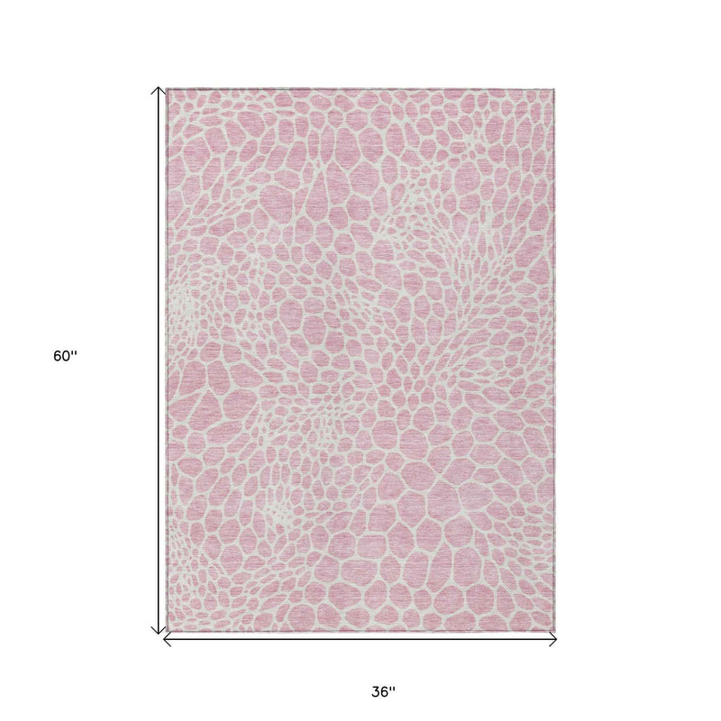3' X 5' Pink And Ivory Geometric Washable Indoor Outdoor Area Rug