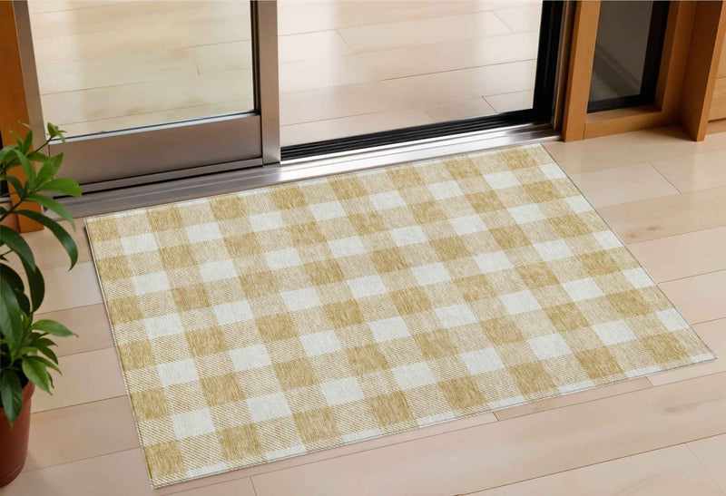 3' X 5' Gold And Beige Plaid Washable Indoor Outdoor Area Rug