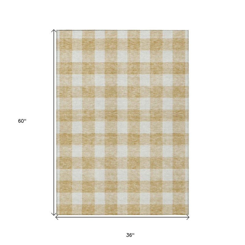 3' X 5' Gold And Beige Plaid Washable Indoor Outdoor Area Rug