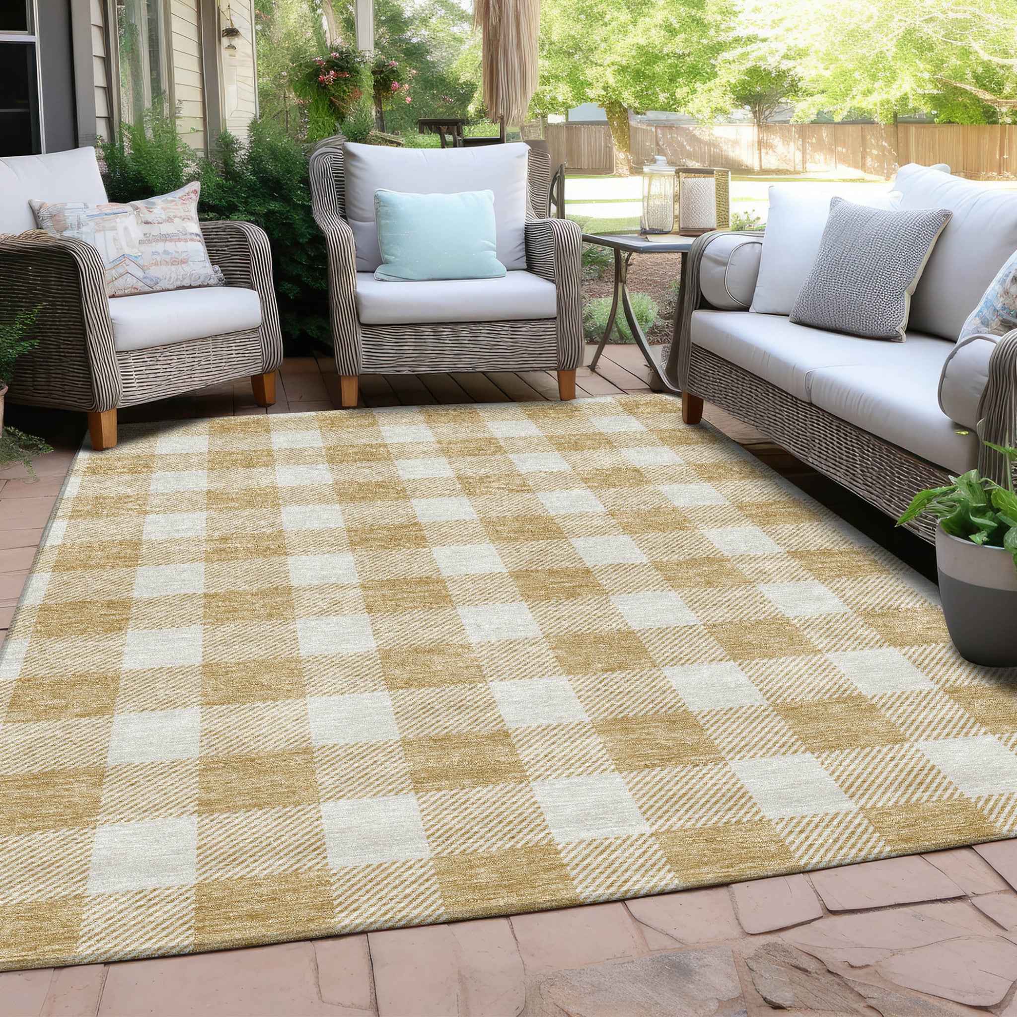 3' X 5' Gold And Beige Plaid Washable Indoor Outdoor Area Rug