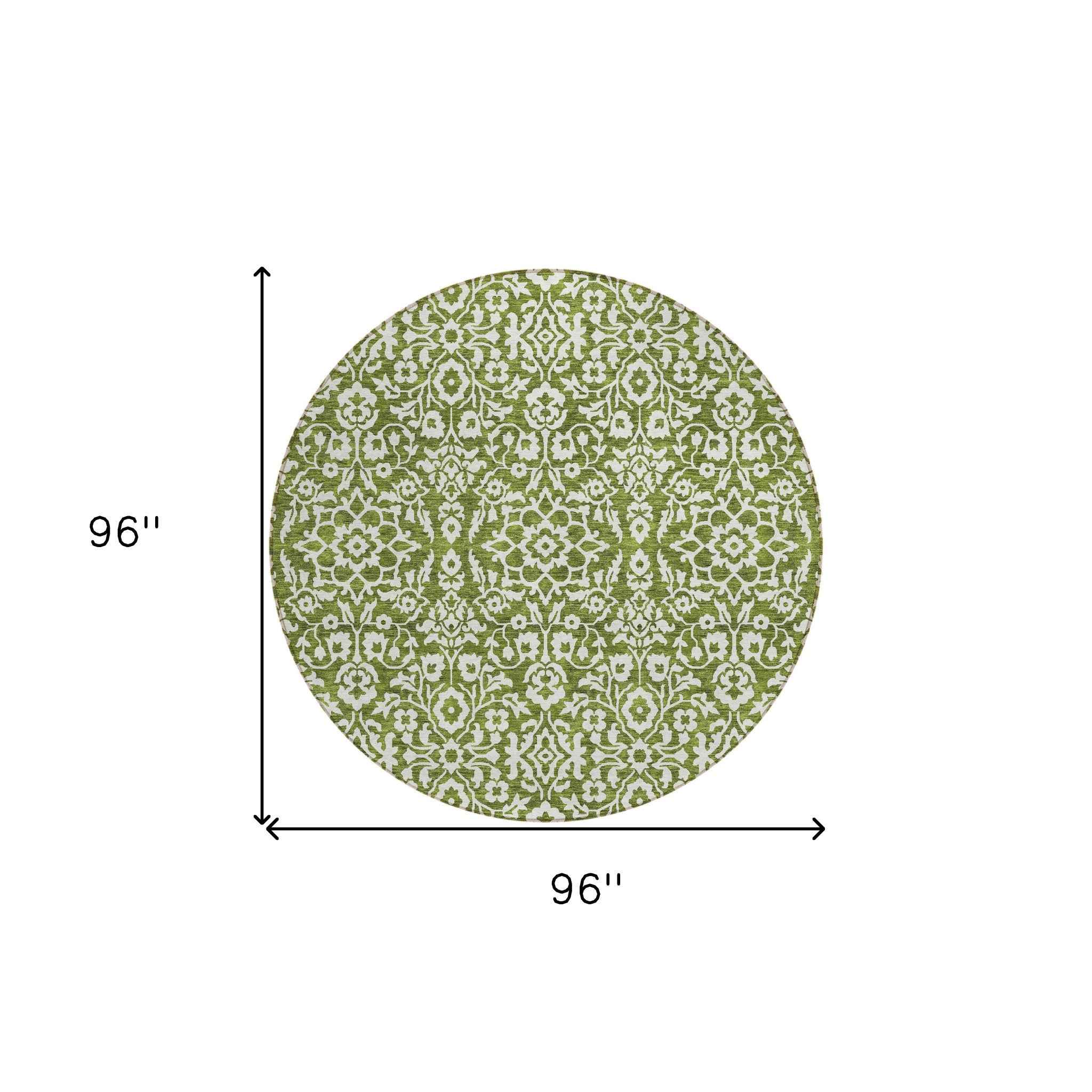 8' Olive Green And Ivory Round Damask Washable Indoor Outdoor Area Rug